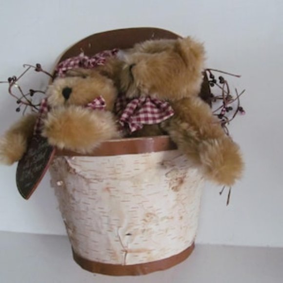 Valentine Country Primitive Teddy Bears White Birch Basket Rustic Cabin Decor - Picture 3 of 4